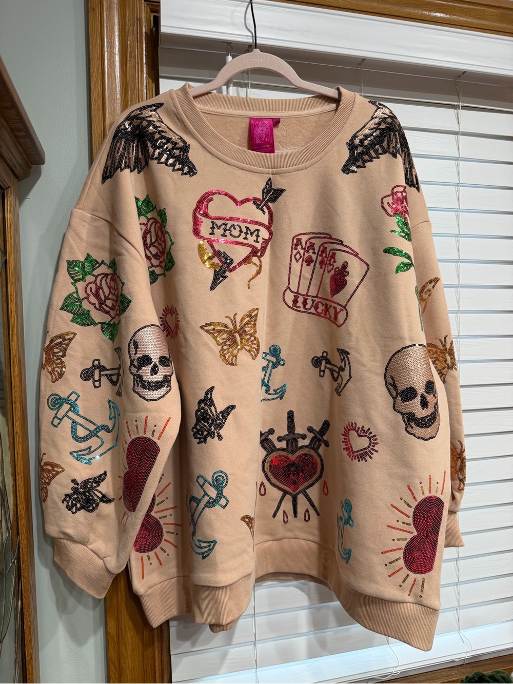 QUEEN OF SPARKLES Beige Tattoo-Print Oversized Sweatshirt